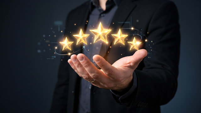 Five golden stars glowing above an open hand, symbolizing excellent customer service