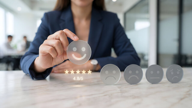 Businesswoman holding happy smiley face icon for customer satisfaction rating