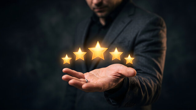 Businessman Holding Five Golden Stars Concept for Customer Service Experience and Satisfaction