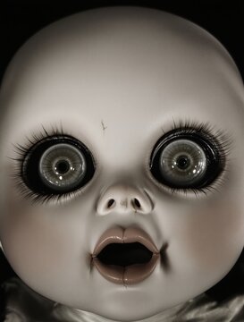 Creepy doll face portrait with large dark eyes and open mouth looking startled against dark background scary toy horror face