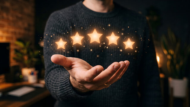 Glowing Five Star Rating Floating Above Hand for Customer Service Review