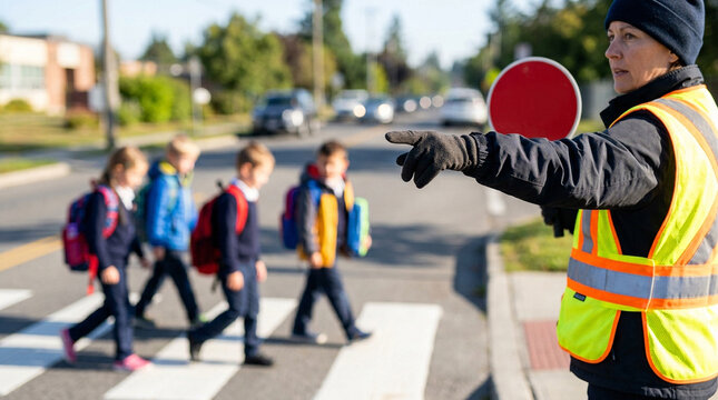 Crossing guard guiding students on crosswalk safely