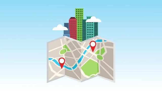 Animated city map with navigation pins and rising buildings, showcasing urban planning and travel concept.