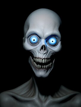 Scary skeleton creature with glowing blue eyes and sharp teeth staring from the shadows scary monster horror skull spooky undead