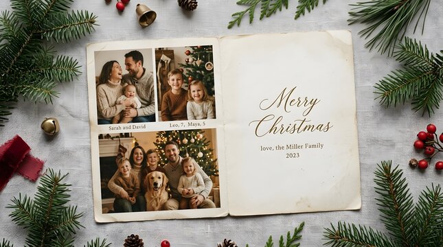 Open photo album displaying cherished memories surrounded by festive christmas decorations