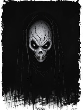Dark gothic skull with glowing eyes framed by black dripping ink background dark art scary skeleton horror design evil skull
