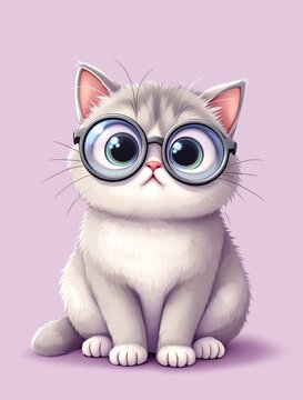 Cute white kitten with big blue eyes wearing round glasses sitting against a pink background white cat animal portrait funny pet