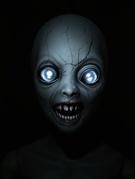 Creepy alien creature face with glowing blue eyes and sharp teeth scary face horror monster dark background sci fi entity