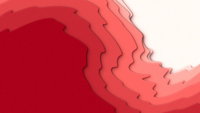 3D Render A dynamic, layered 3D render featuring flowing, organic shapes resembling waves of red, pink, and orange gradients