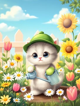 Cute white kitten wearing a green hat watering flowers in a colorful garden with gardening watering sunflowers character activity
