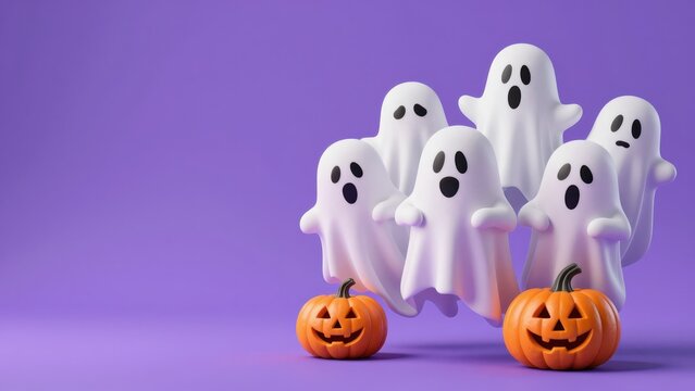 Ghost figures and carved pumpkins on purple background