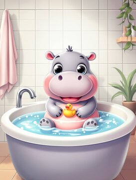 Cute baby hippopotamus sitting in a white bathtub filled with water and bubbles holding a yellow rubber duck baby hippo bath time