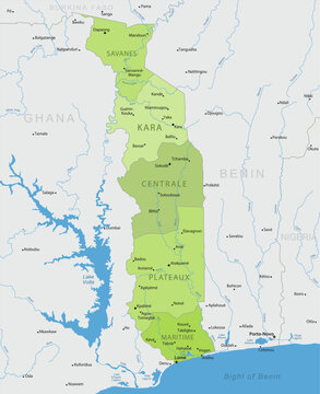 Togo - Detailed, modern map of the country with cities, capitals, internal territorial boundaries, and major water features. Vector illustration.