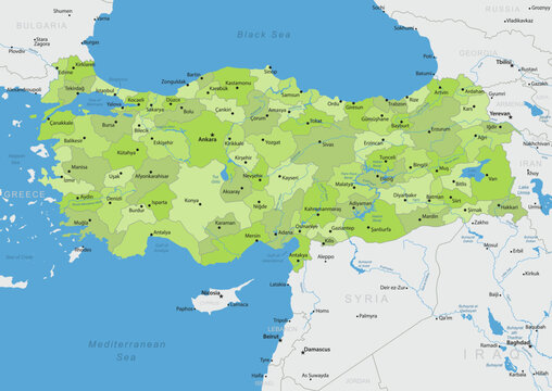 Turkey - Detailed, modern map of the country with cities, capitals, internal territorial boundaries, and major water features. Vector illustration.