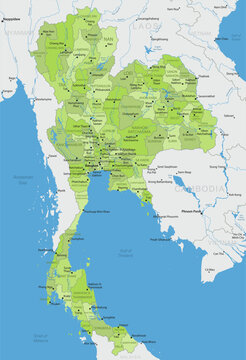 Thailand - Detailed, modern map of the country with cities, capitals, internal territorial boundaries, and major water features. Vector illustration.
