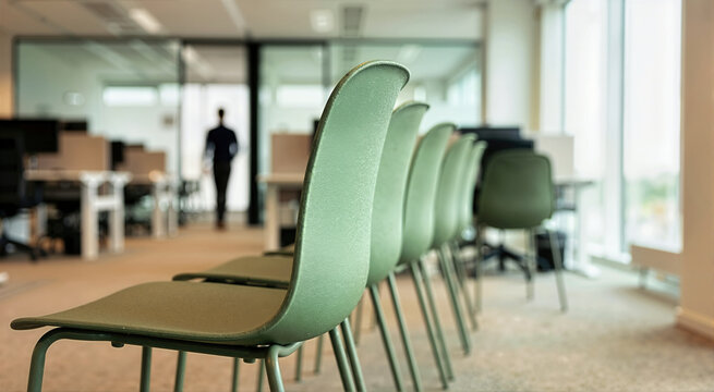Muted green recycled plastic chairs in modern office. Row of sustainable textured shell seating in bright workspace