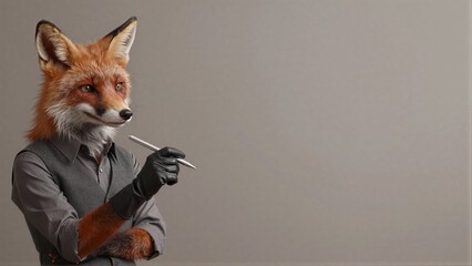 Fototapeta premium A fox in a suit holds a pen, poised for thought against a plain background.