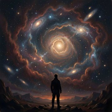 A lone figure stands silhouetted against a vast, star-filled nebula, their gaze fixed on a distant cosmic anomaly