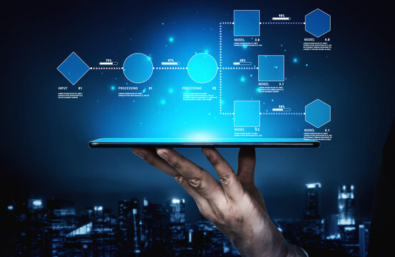 Innovative Data Processing Concept with Digital Graphics on a Tablet Device Against a City Skyline Background Representing Modern Technology and Analytics Quark.
