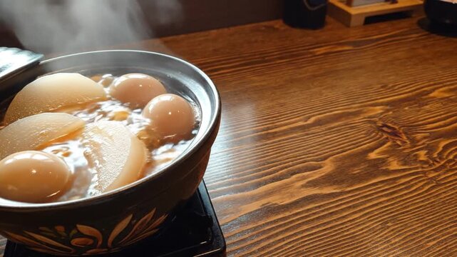 Simmering japanese oden hot pot with daikon radish and boiled eggs on wooden table with steam and copy space