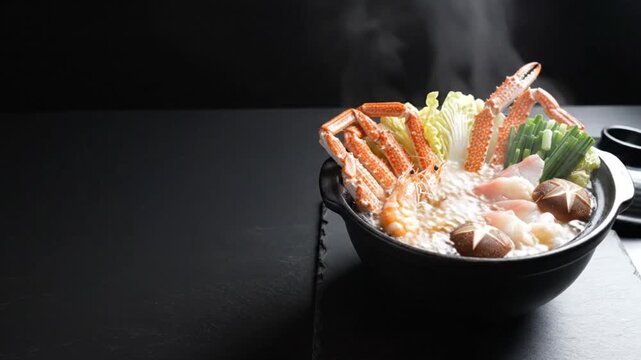 Deluxe japanese seafood hot pot kani nabe with crab legs shrimp mushrooms and steam on black background