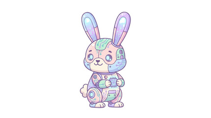 Fototapeta premium Cyberpunk pastel robot bunny character, futuristic mechanical rabbit illustration, cute sci-fi cyborg hare in soft pink and blue tones isolated PNG with Transparent Background