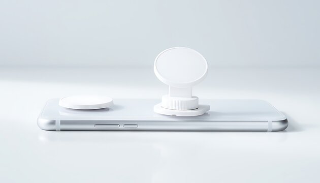White Smartphone With Collapsible Grip Holder on Minimalist White Background.