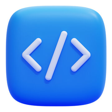 Minimalist 3D coding icon featuring white angle brackets and slash on a rounded blue square background for web development software design