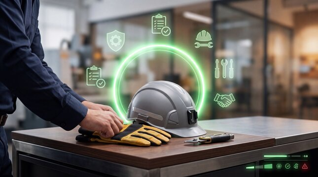 Worker placing safety gloves on wooden table with construction helmet near glowing digital icons in workshop with maintenance screwdriver technology industrial protective