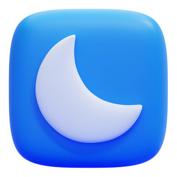 3D Rendered Blue Rounded Square Icon Featuring A Minimalist White Crescent Moon Symbol For Night Mode And Sleep Settings