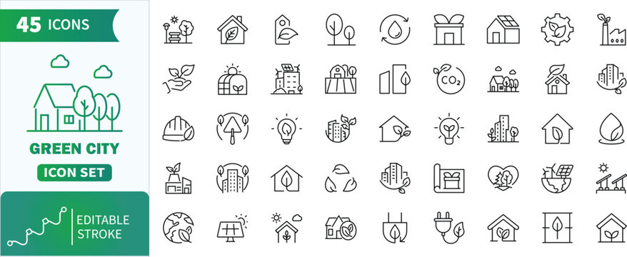 Green city line icon set with editable stroke.Collection of 45 line icons representing eco-friendly and renewable energy outline icons for environmental concepts