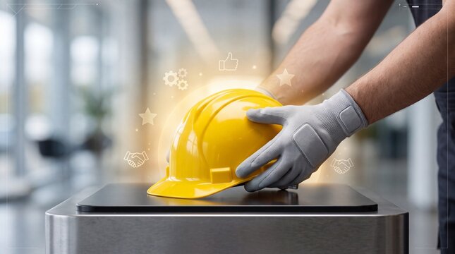 Worker wearing gloves holds a yellow hard hat with glowing icons on a metal surface with worker gloves places yellow safety helmet pedestal glowing digital business icons