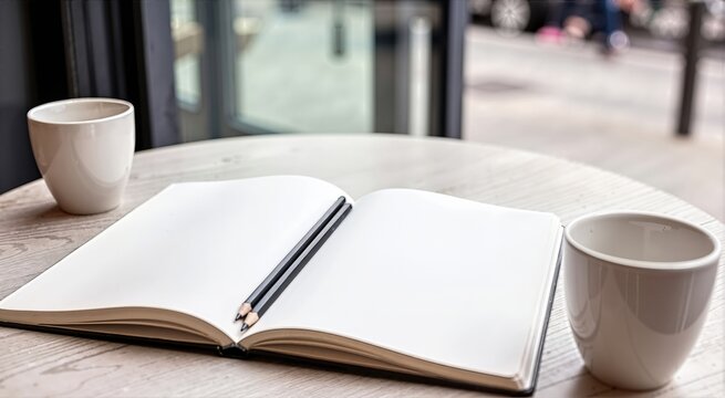 Open blank notebook with two black pencils on a light wooden cafe table between two white ceramic cups. Minimalist workspace, creative writing or meeting setup in a bistro with soft daylight
