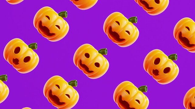 Halloween pumpkins emoji rotate and sway in a seamless diagonal grid pattern in a cute 4K 3D looping animation on a purple background, ideal for seasonal holiday backdrops and halloween theme.