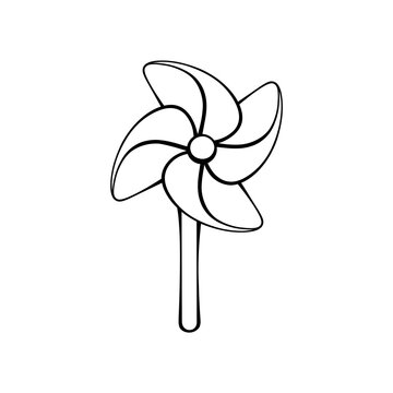 Cute paper pinwheel toy outline vector illustration for kids coloring page, summer activity, wind windmill icon, transparent background