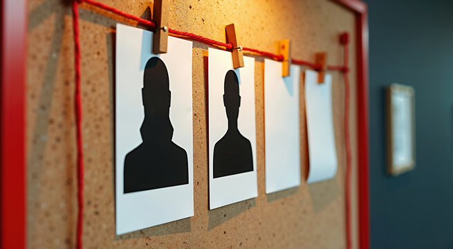 Investigation board with suspect silhouettes on a corkboard. Detective board with red string and wooden pins