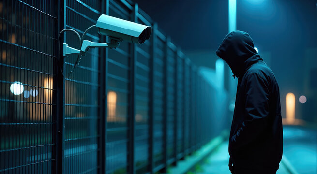 Hooded figure standing near a security camera at night. Urban surveillance and crime prevention concept on a dark street