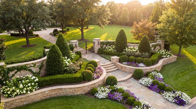 A beautifully landscaped residential garden featuring stone walls and pathways at sunset in the summer with flowering shrubs surrounding manicured hedges flowering