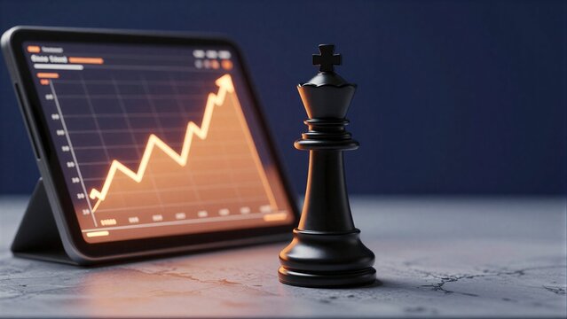 Black chess king beside tablet displaying upward trending financial graph.