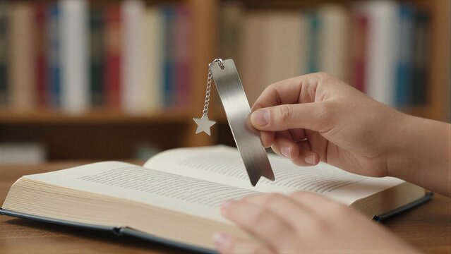 Hand holds metallic star bookmark above open book in library setting.