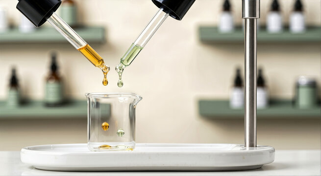 Golden and green liquids dripping from glass pipettes into a beaker. Perfume blending process on a white ceramic tray. Close-up of essential oils in a laboratory