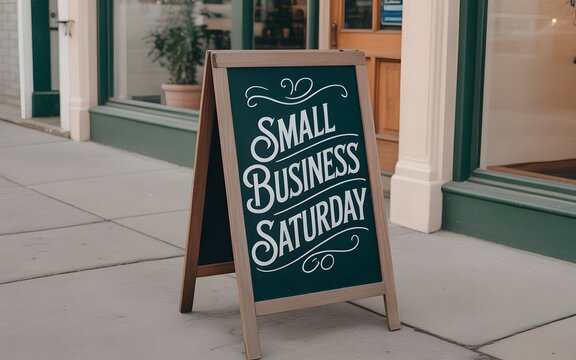 Small business saturday sign on a sidewalk in front of a storefront window display