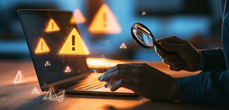 Cybersecurity threat detection and analysis on laptop screen with warning signs and magnifying glass.