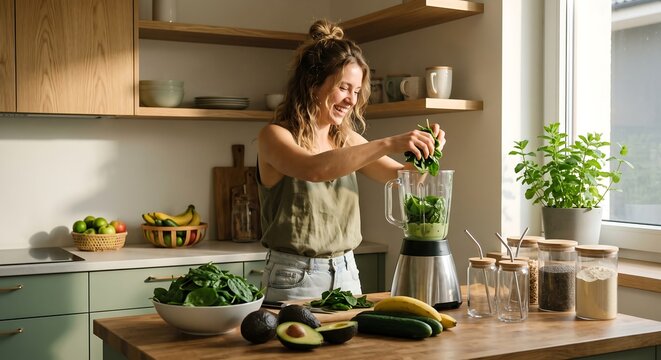 Woman making green smoothie with fresh spinach in blender at home kitchen. Healthy food and vegan nutrition concept. Smiling girl preparing detox drink with vegetables and fruit