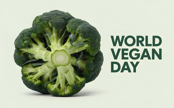 Fresh green broccoli head isolated on a light background, for vegan day celebration