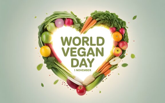 Heart shape made of fresh vegetables and fruits with vegan day text in center
