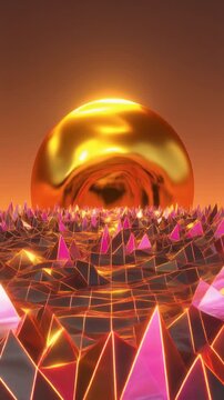 Golden Sphere Over Neon Low Poly Landscape Generative AI
