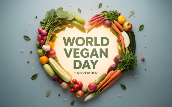 Heart shape composed of fresh vegetables and fruits for vegan day celebration