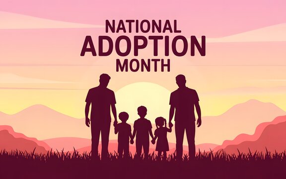 National adoption month silhouette of a family holding hands at sunset with mountains in background