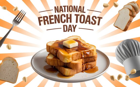 National french toast day with toast, butter, syrup, chef hat, and bread slices breakfast